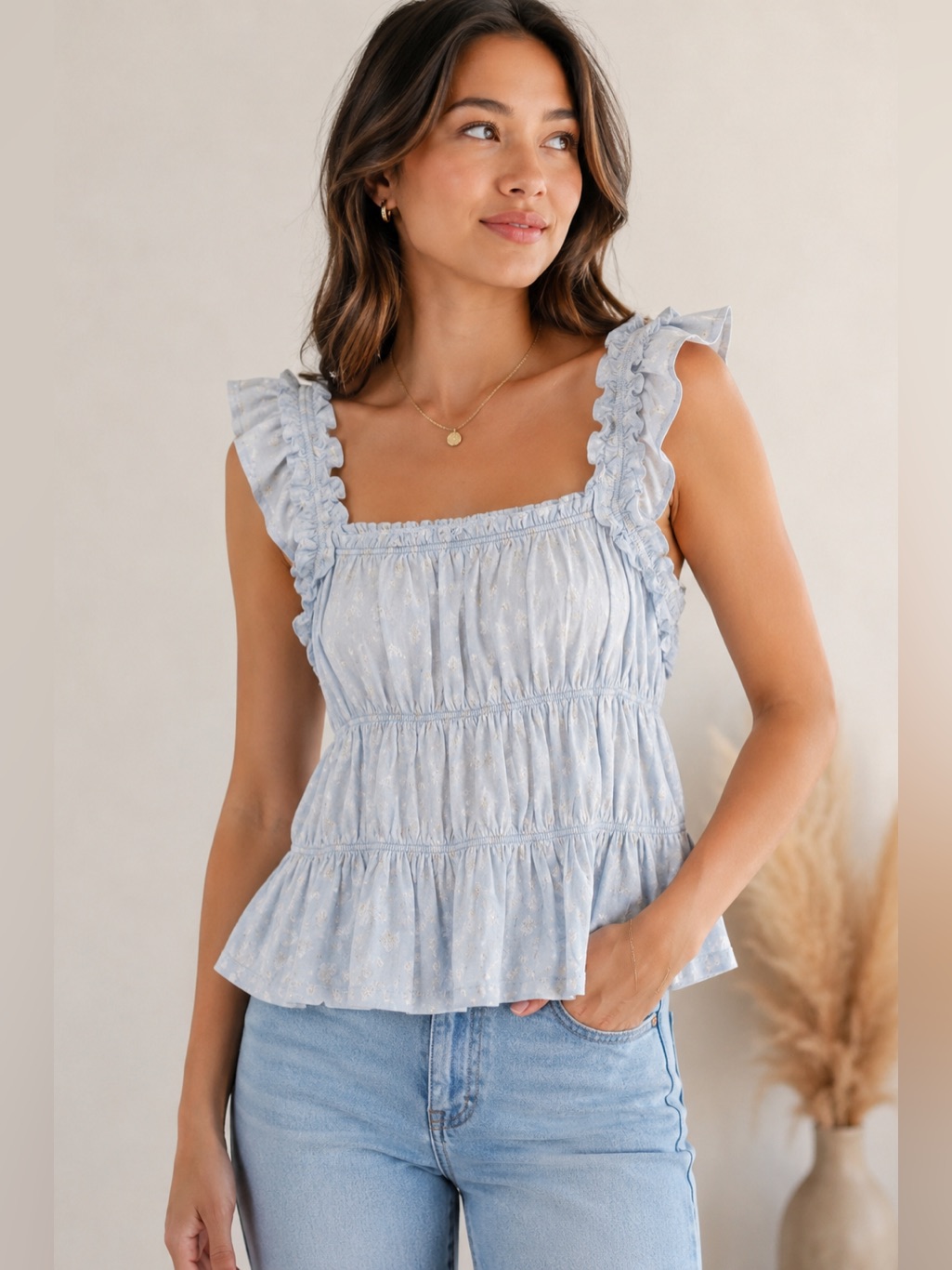 Nwt Melrose And Market Blue Floral Ruffle Smocked Peplum Top Size Small